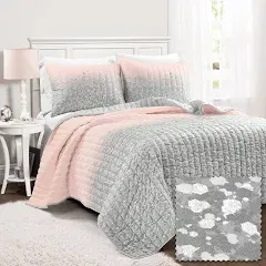 Lush Decor Glitter Ombre Metallic Print 3 Piece Quilt Set, Twin, Aqua & Gray