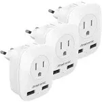 3 Pack European Travel Plug Adapter, Anstronic International Power Adaptor with 2 USB Ports, 2 US Outlets, 4 in 1 European Plug Adapter for Spain,