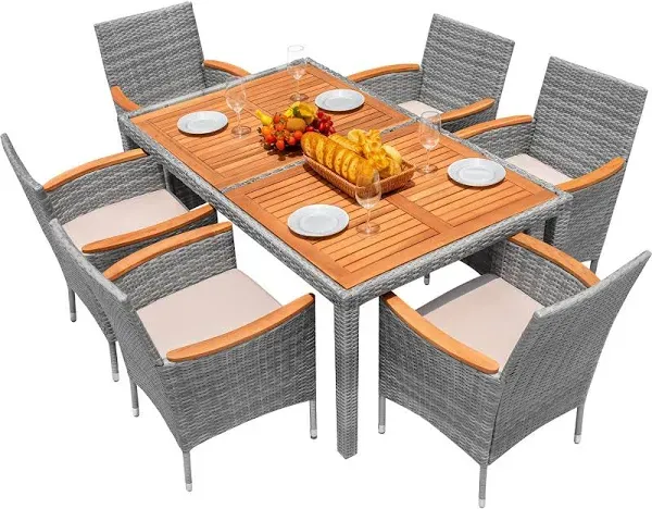 Tangkula 7 Pieces Outdoor Wicker Dining Set, Patio Dining Furniture Set with Acacia Wood Table and 6 Armchairs, Outdoor Table and Chairs Set with 1.96” Umbrella Hole and Cushions