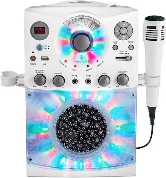 Singing Machine Bluetooth Karaoke System with LED Disco Lights USB and Microphone Portable, White, Apple (SML385BTW)