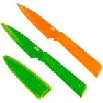 Kuhn Rikon COLORI+ Non-Stick Straight and Serrated Paring Knives with Safety Sheaths, Set of 2, Orange and Green