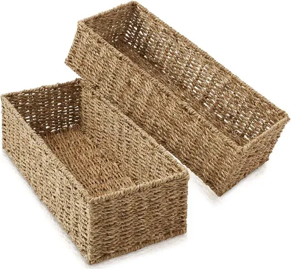 2pk Bathroom Baskets, 16x6.75x4.25 Narrow Toilet Tank Tray Organizers, Natural