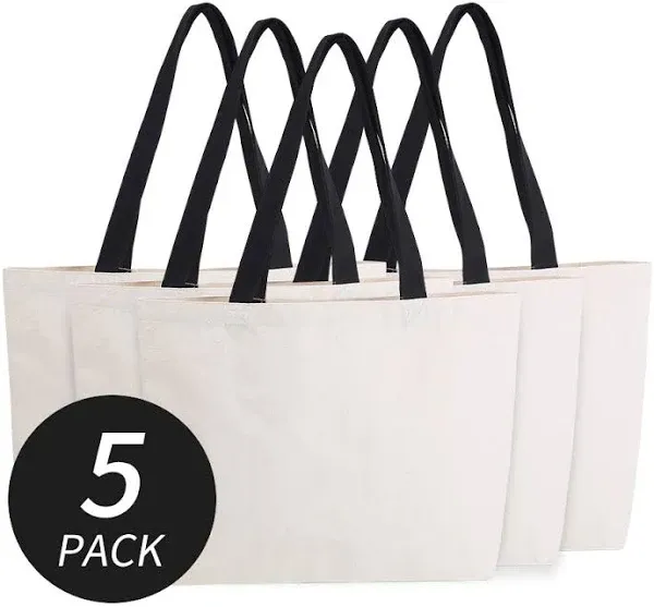 Azuca Reusable Grocery Canvas Bags with Inner Pocket Large Beach Shopping Heavy Duty 12 oz Tote Multi Purpose Natural - 20.5 x 14.5 x4.5 inch, 5 Pack