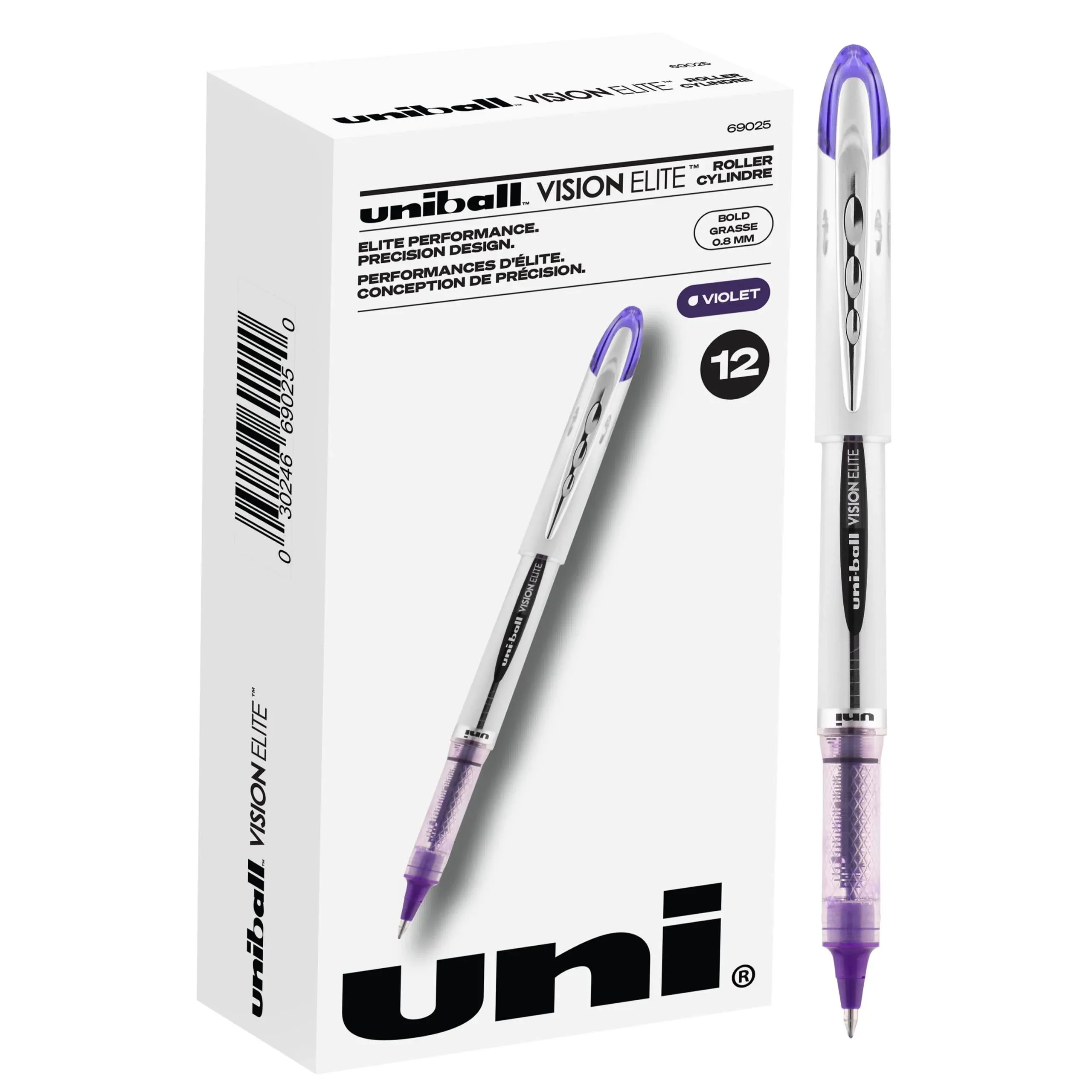 Vision Elite Roller Ball Pen, Stick, Bold 0.8 mm, Purple Ink, White-Purple Barrel