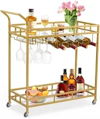 Large Bar Cart Gold, Home Serving Cart, Wine with 2 Mirrored Gold 