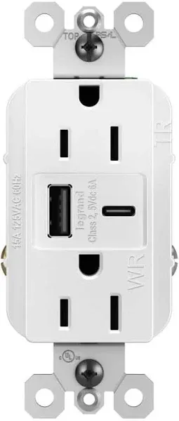 Legrand radiant R26USBAC6W 15 Amp Tamper-Resistant Decorator Duplex Receptacle Outlet with Ultra Fast USB A/C 6.0A Charging Ports, White (1 Count)