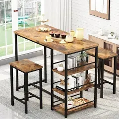 Kitchen Dining Table Set for 2, Bar Table and Chairs Set with 3 Storage Shelves, Pub Table Tall Dining Table with 2 Bar Stools for Small Space, Kitchen Island, Apartment, Brown