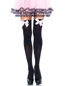 Leg Avenue Satin Bow Thigh Highs: Black with Light Pink Bow