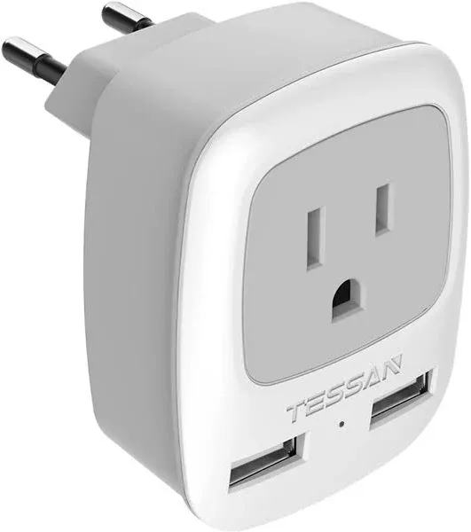 Tessan Type C Travel Adapter with USB Port - TS-AP2U-EU-Gra<wbr/>y Europe Set of 2