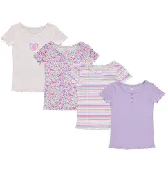 BTween 4-Pack Rib Knit Girls Tops - Short Sleeve Lettuce Trim Ribbed Girl Shirts - Stripe/Floral/Solid