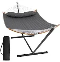 SUNCREAT Portable Hammock with Stand Included, Double Hammock with Curved Spreader Bar, Dark Gray