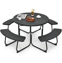 Costway Outdoor 8-Person Round Picnic Table Bench Set with 4 Benches and Umbrella Hole