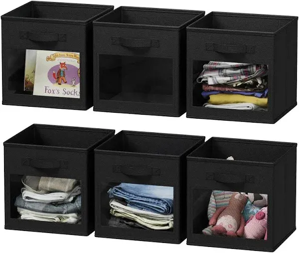  Storage Cubes with Clear Windows, Set of 6 Fabric Bins, 11 Inch Foldable Black