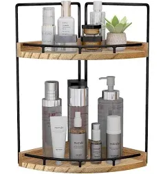 2-Tier Bathroom Counter Organizer, Vanity Corner Shelf, Wood Countertop Storage