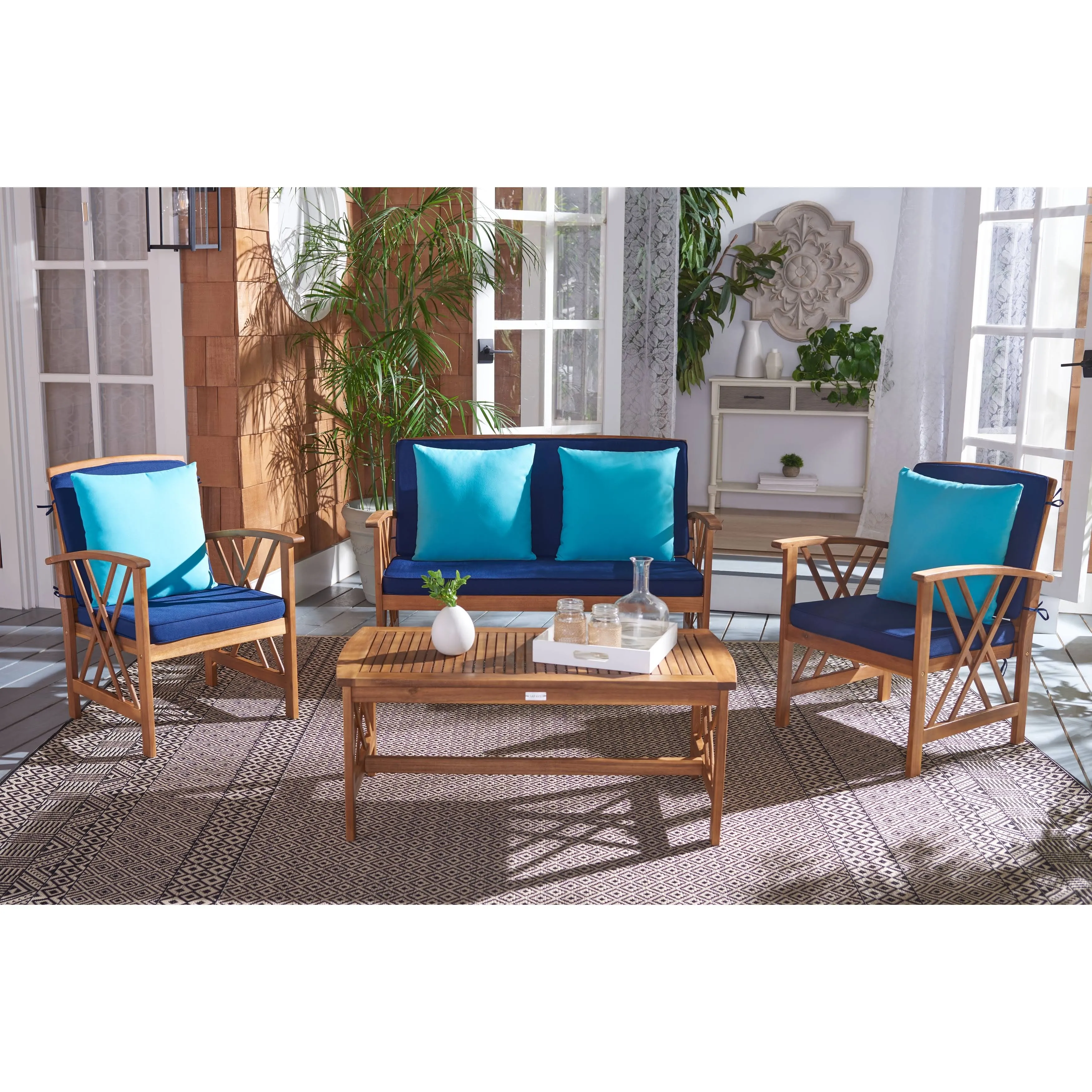 Safavieh Outdoor Nayely 4-Piece Acacia Solid Wood Conversation Patio Set - 47W x 33D x 26H - Natural/Blue