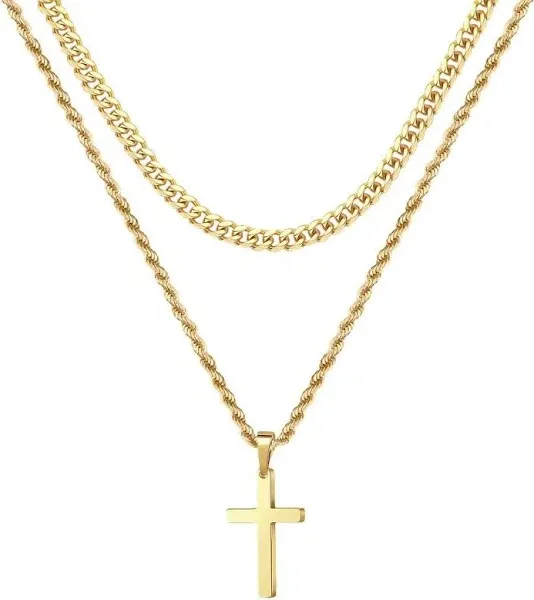 18K Gold Stainless Steel Layered Cross Necklace for Men