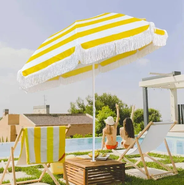 Outdoor Patio Umbrella With Fringe Holiday Beach Umbrella Yellow And White Striped Portable Tassel Umbrella 5.9ft Patio Table Umbrella UV50+ Protection Sun Shade Garden Umbrella Waterproof/8 Ribs