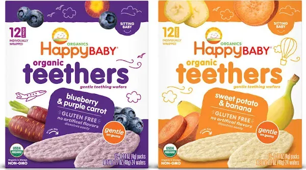 Happy Baby Organics Gluten Free Organic Teethers 2 Flavor Variety Pack (Blueberry & Purple Carrot/Sweet Potato & Banana), 12 Count (Pack of 2)