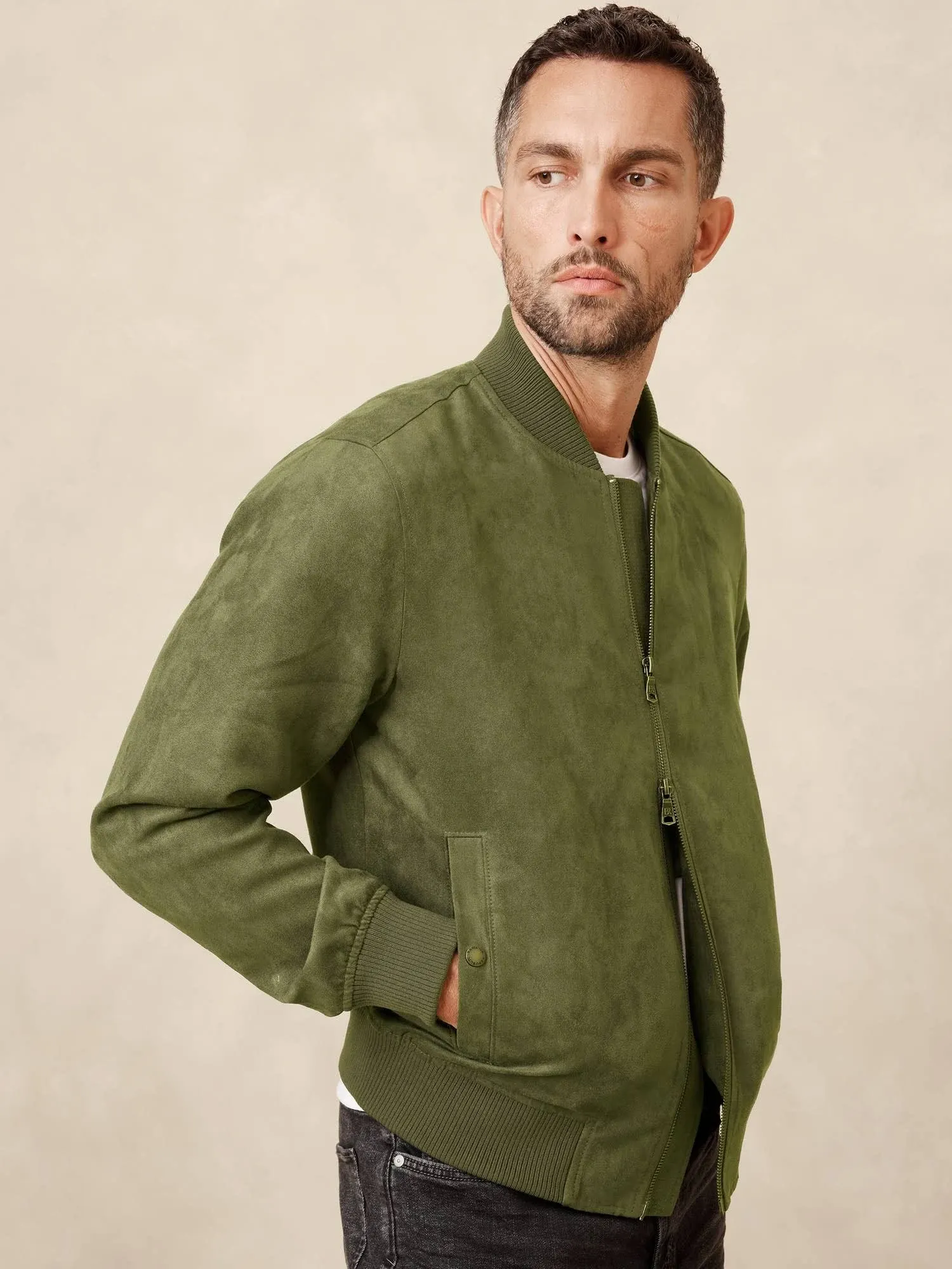 Men's Vegan Suede Bomber Olive Regular Size XXL