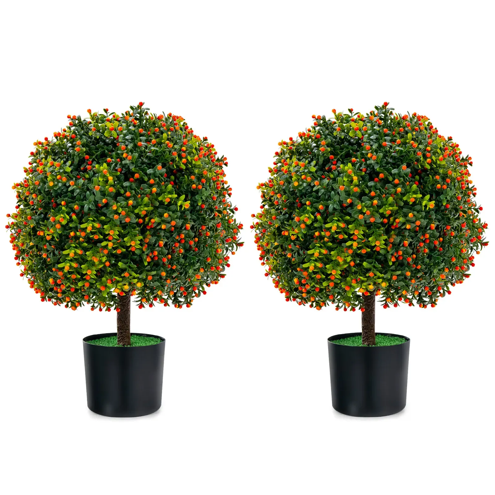 22&#034; Artificial Boxwood Topiary Ball Tree 2-Pack Faux Potted Plant w/Orange Fruit