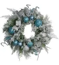 Northlight Flocked Sequin Ornaments Artificial Pine Christmas Wreath-Unlit, 24", Blue/Silver