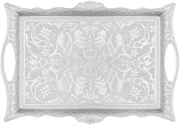 Alisveristime Ottoman Turkish Zamak Serving Tray with Traditional Motifs, Ideal for Coffee and Tea - Six Person Tray (14.5 x 9.85 in) (Silver)