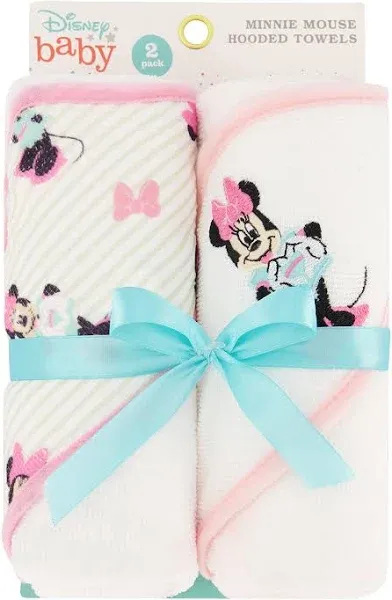 Disney Cudlie Baby Girl Minnie Mouse 2 Pack Rolled/Carded Hooded Towels in Tiny Stripe Print