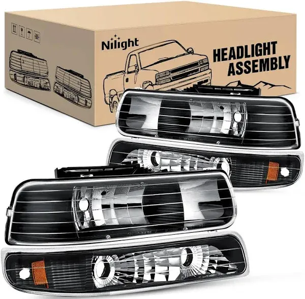 Nilight Headlight Assembly for 1999 2000 2001 2002 Chevy Silverado 1500 1500HD 2500 2500HD 3500 Chevrolet Tahoe Suburban Replacement Headlamp Housing Bumper Lights Set