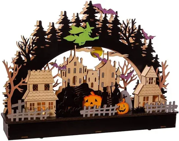 12.5-Inch Battery-Operat<wbr/>ed LED Light-Up Wooden Halloween Village, Multicolor 