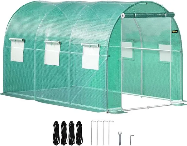 Vevorbrand Walk-In Tunnel Greenhouse, 15 x 7 x 7 ft Portable Plant Hot House w/ Galvanized Steel Hoops, 1 Top Beam, Diagonal Poles, Zippered Door & 8