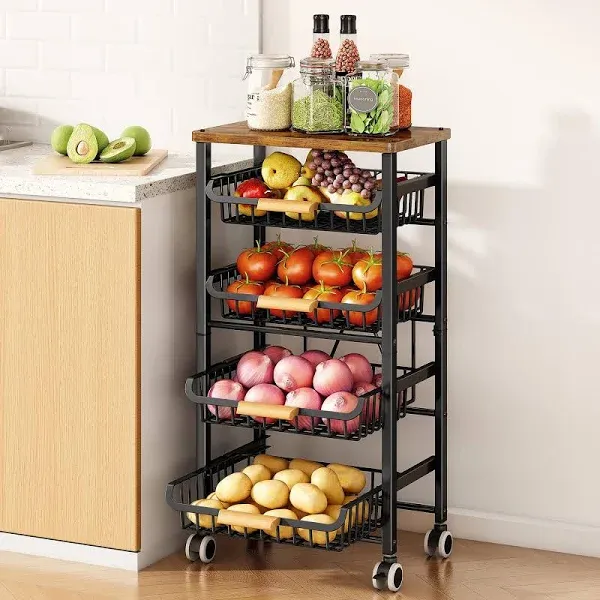 Fruit Basket For Kitchen With Wood Top 5 Tier Stackable Fruit And Vegetable Stor