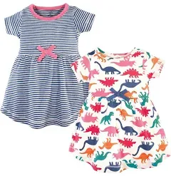 Touched by Nature Baby and Toddler Girl Organic Cotton Short-Sleeve Dresses 2pk, Dinosaurs, 12-18 Months