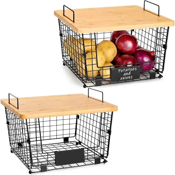 2x Stackable Wire Baskets with Bamboo Top Pantry &amp; Kitchen Organizer for Snacks