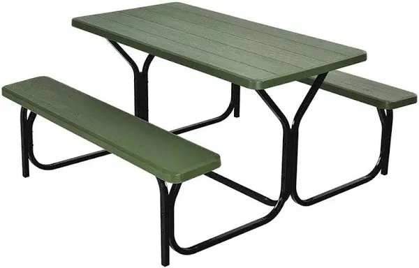 Green All-Weather Metal Outdoor Picnic Table Bench Set with Metal Base