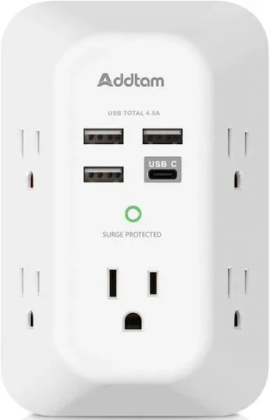 5 Outlet Extender Surge Protector Wall Charger with 4 USB Charging Ports (1 USB 