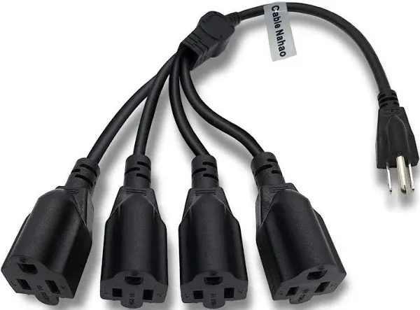 3 Prong Outlet Power Splitter 20" 1 to 4 Extension Cord Splitter 16AWG Heavy Duty Cable Strip Outlet Saver