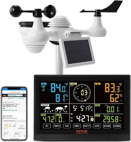 VEVOR 7-in-1 Wi-Fi Weather Station, 7.5 in Color Display, Home Weather Station I