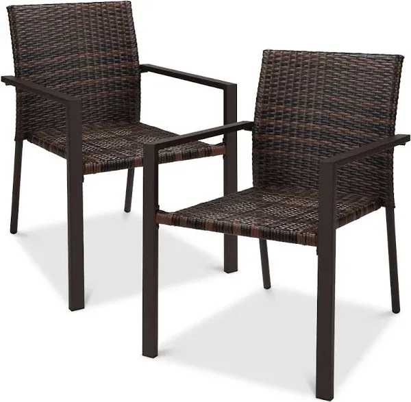 Set of 2 Stackable Outdoor Wicker Patio Dining Chairs Armchair with Armrests