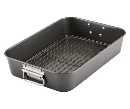 Farberware Bakeware 10.5 inch x 15 inch Nonstick Steel Roaster with Rack, Gray