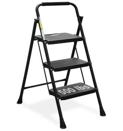 HBTower 3 Step Ladder, Folding Step Stool with Wide Anti-Slip 3-Step Black