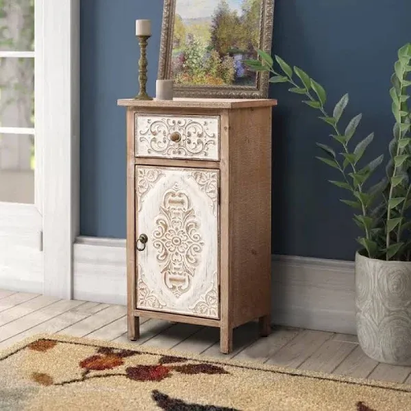 Distressed Floral Carved Wood 1-Door and 1-Drawer End Table Natural Wood and Dis