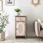 Luxen Home Floral Carved Wood 1-Door Accent End Table In White