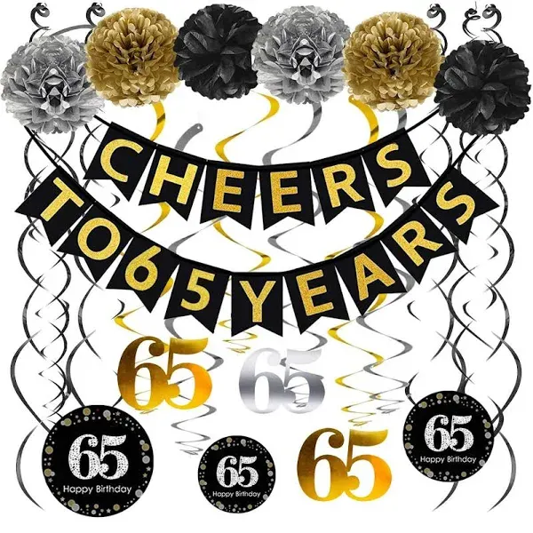 Famoby 65th Birthday Party Decorations Set- Gold Glittery Cheers to 65 Years Banner,Poms,12Pcs Sparkling 65 Hanging Swirls for 65th Birthday Decorations 65 Years Old Party Supplies