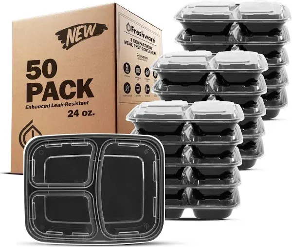 Meal Prep Containers 3 Compartment Food Storage with Lids (50 Pack, 24 Oz)