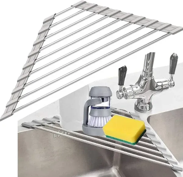 Triangle Dish Drying Rack for Sink Corner Roll Up Folding Stainless Steel Mul...