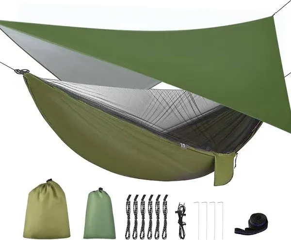 FIRINER Camping Hammock with Rain Fly Tarp and Mosquito Net Tent Tree Straps