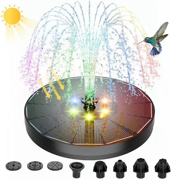 ALUKIKI Solar Powered Fountain 4W Bird Bath Fountains Pump Upgraded Glass Panel Fountains with Color LED Lights 7 Nozzles & 4 Fixers for Garden