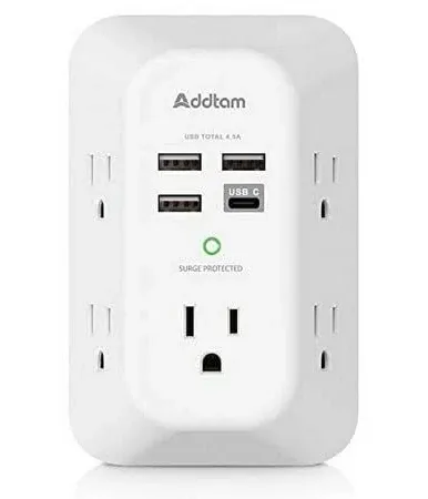 USB Wall Charger Surge Protector - Addtam 5 Outlet Extender with 4 USB Charging Ports (1 USB C, 4.5A Total), 3-Sided 1800J Power Strip Multi Plug Outlets Adapter Widely Spaced, White & Black