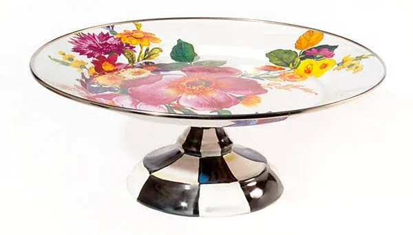 MACKENZIE-CHILDS Enamel Pedestal Platter, Round Cake Stand, Small, White Flower Market