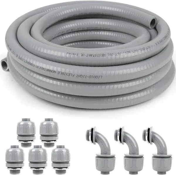 Elecoman Liquid-Tight Conduit and Connector Kit,Flexible Non Metallic Liquid Tight Electrical Conduit Kit with 5 Straight and 3 90